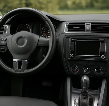 Interior do Volkswagen Golf GTI moderno com volante esportivo, costuras vermelhas, painel digital ac