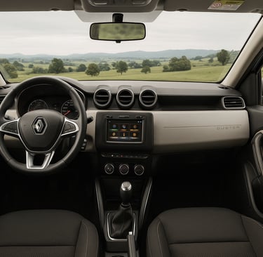 Interior do Renault Duster usado com painel central, volante e bancos em destaque