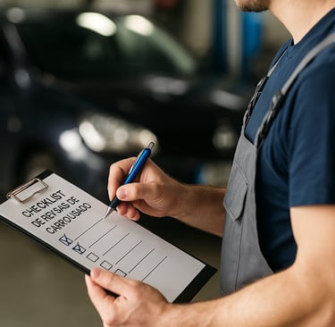 Checklist de revisão de carro usado sendo preenchido por mecânico em oficina, carro desfocado ao fun