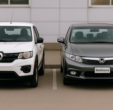 Renault Kwid 0 km e Honda Civic seminovo lado a lado em pátio, destacando contraste visual entre ele