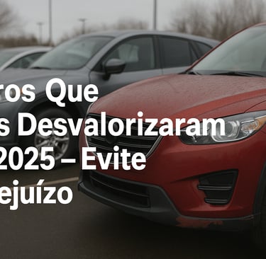  Carros usados em um pátio de revenda sob céu nublado, com destaque para um SUV vermelho desgastado 