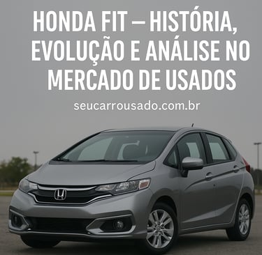 Honda Fit prata em destaque com chamada sobre sua história, evolução e desempenho no mercado de usad