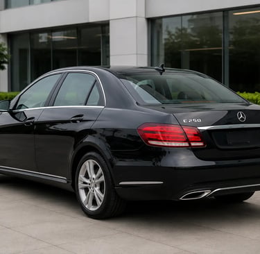 Traseira da Mercedes E250 em ângulo lateral destaca visual elegante e executivo
