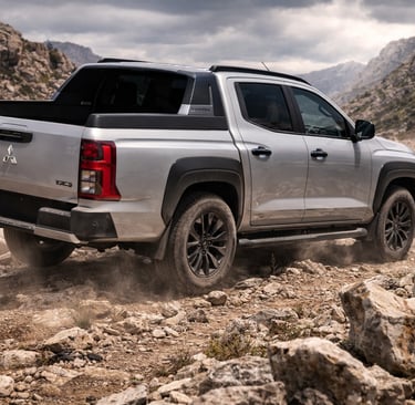 Mitsubishi Triton Raider 2026 vista traseira em trilha off-road de montanha