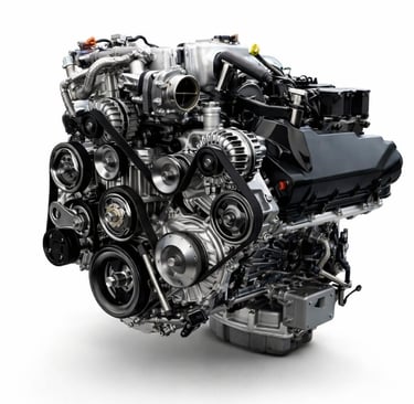 motor V8 da Ford com detalhes técnicos destacando alta potência em cenário de futuro elétrico