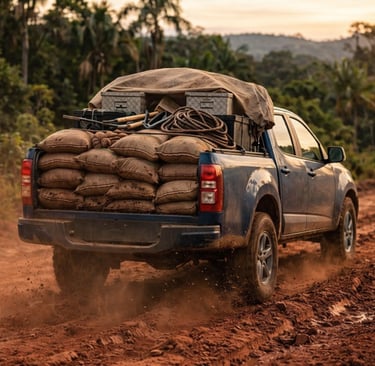 picape 2026 com carga pesada na caçamba enfrentando estrada de barro