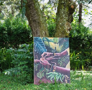 Painting positioned and surrounded by nature
