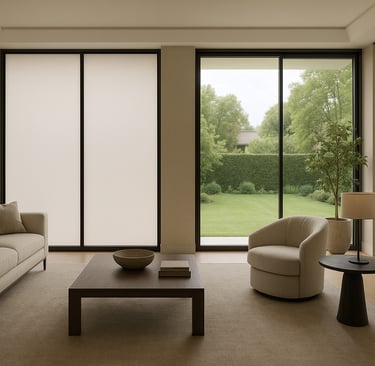 Soggiorno elegante di una villa moderna con ampie vetrate dotate di pellicola LCD Smart Film