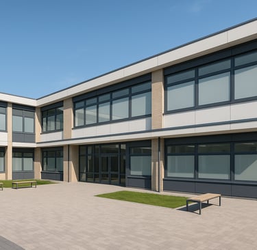 Scuola moderna con grandi finestre dotate di pellicole LCD Smart Film oscuranti, con cortile esterno