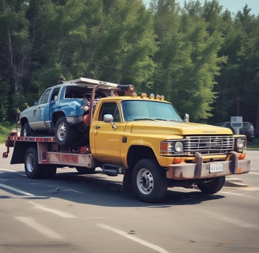 A truck with a flat bed and a junk car.