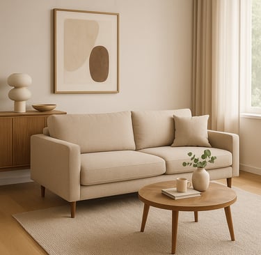 A modern, minimalist living room with a beige sofa, light wood coffee table, and neutral-toned decor