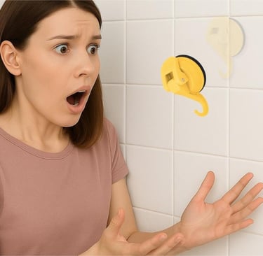 Woman shocked as a yellow suction hook falls off a tiled wall.