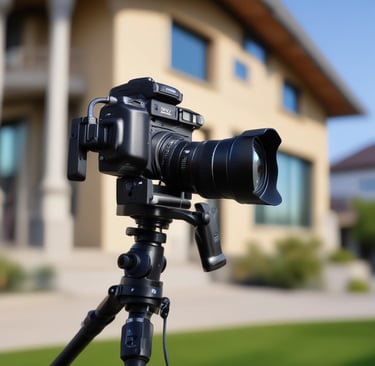 A person is outdoors holding a professional RED camera, appearing focused while adjusting the equipment. The background shows parts of a house and blurred trees, suggesting a calm and natural setting.