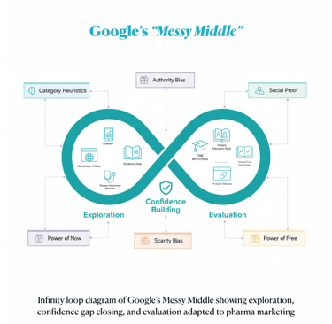 Google’s Messy Middle infinity loop for pharma marketing with six cognitive biases