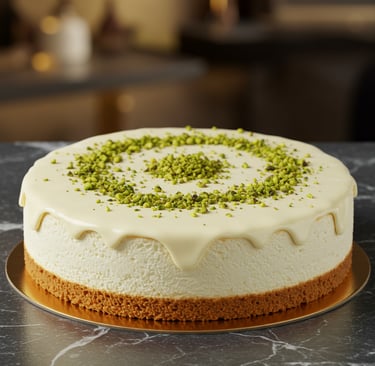 tarta de queso de chocolate blanco y pistachos