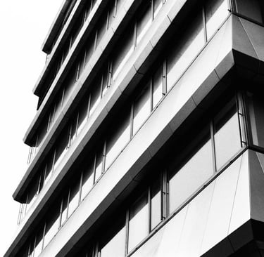 urban buildings caught on black and white analog film