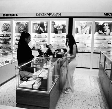 Exclusiv shopping mall caught on black and white analog film