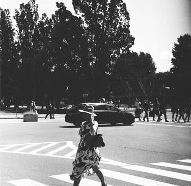 Woman crossing street in Gdynia-Analog photohraphy