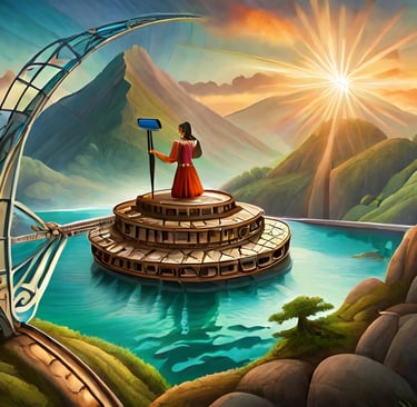 a woman in a red dress standing on a bridge over a river