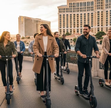 a large group riding scooters in front of a strip resort