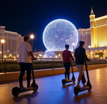 three males admiring the bright lights of the iconic sphere