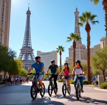 a tour guide leads a group of three people on a bike tour on the strip