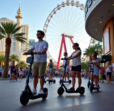 a man and woman riding scooters on a city street