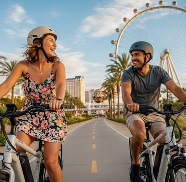 a man and woman riding bicycles in a in las vegas