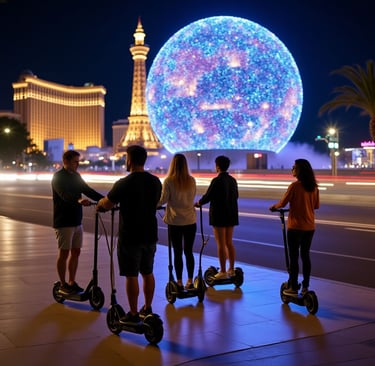 a group of people on a bike tour at night standing at a globe that has bright lights
