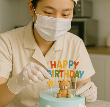 Thợ làm bánh đang trang trí bánh sinh nhật màu xanh da trời tại tiệm bánh Tina Cake Nha Trang, với hình gấu fondant đội nón v