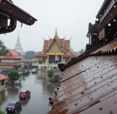 View from a balcony during a rainstorm in Cambodia.