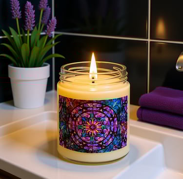 a candle lite up in a bathroom