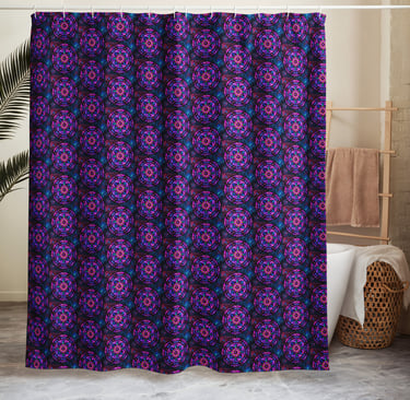 a shower curtain with a colorful pattern