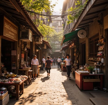 a narrow alleyway with people walking through a city