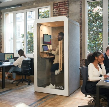 Office workers sitting at desks in a modern office with a Work With Island