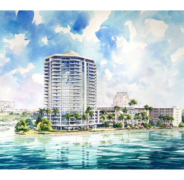Hand painted watercolor rendering of highrise condominium on New River, Ft. Lauderdale, Florida