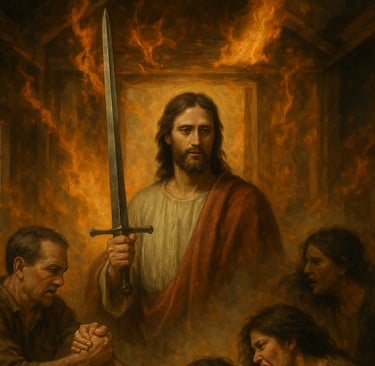 a painting of jesus holding a sword and sword