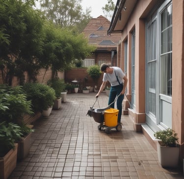 A room with a worn, textured wall and scattered tools. A metal ladder leans against the wall next to a wooden shelving unit containing various items like a drill, packing materials, and paint cans. The wooden floor is covered with more tools and a toolbox, suggesting ongoing renovation or maintenance work.