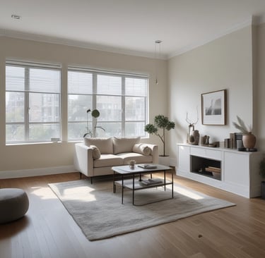 The image depicts an unfinished interior space with exposed brick walls and a concrete floor. Construction materials such as wooden boards, buckets, and other building supplies are scattered around the room. There is a partially opened doorway leading to another room, highlighting the ongoing renovation process.