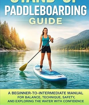 A stand-up paddleboarding guide book cover featuring a woman on a SUP board on a mountain lake.