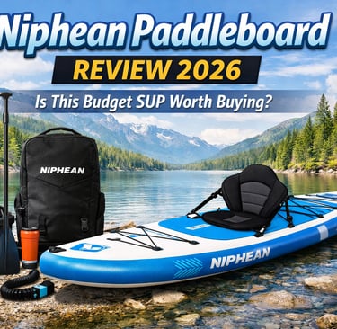 Niphean inflatable paddle board kit with kayak seat and pump on a scenic lake shore.
