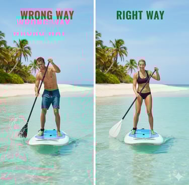 Wrong way and the right way of standing on a paddleboard.