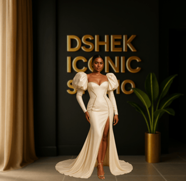 a woman in a white dress standing in front of a sign that says dshe