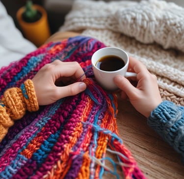 person with crochet project in lap and drinking coffee