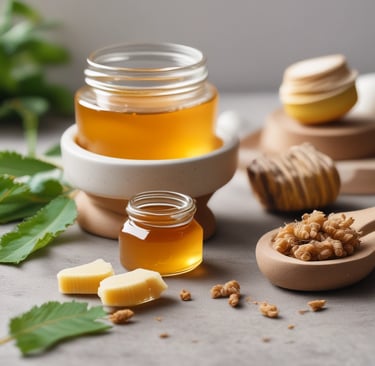 A jar filled with golden honey sits on a dark surface, capped with a lid featuring a honeycomb pattern. Beside it are fresh mandarin segments and a whole mandarin, accompanied by delicate white flowers with hints of peach color. The scene is lit with warm, subdued lighting that highlights the rich amber tones of the honey and the bright orange of the fruit.