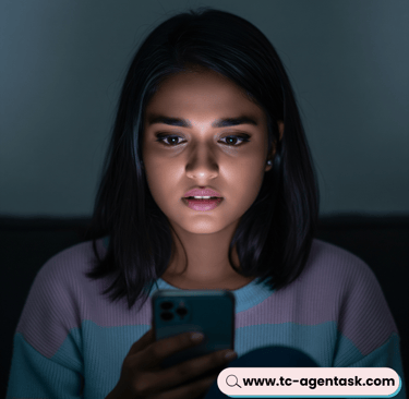 a woman in a striped sweater looking at her phone