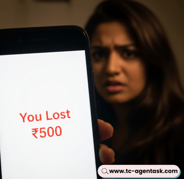 a woman holding a phone with a message you lost $ 500