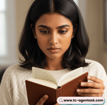 a woman in a white sweater is holding a book