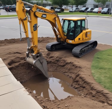 A construction site with large piles of earth and heavy machinery. An excavator with a yellow arm is actively digging beside mounds of dirt, and a small vehicle is parked nearby. The area shows clear marks of recent excavation, with tracks from machinery visible on the ground.