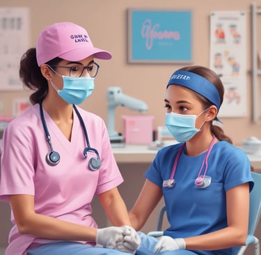 A healthcare professional dressed in blue , a cap, and a mask is seated next to a person wearing a pink shirt with cartoon characters on the back. They are in what appears to be a clinical setting